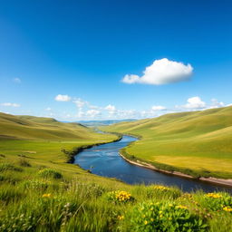 A beautiful landscape featuring rolling hills, a clear blue sky with a few fluffy clouds, and a serene river flowing through the middle