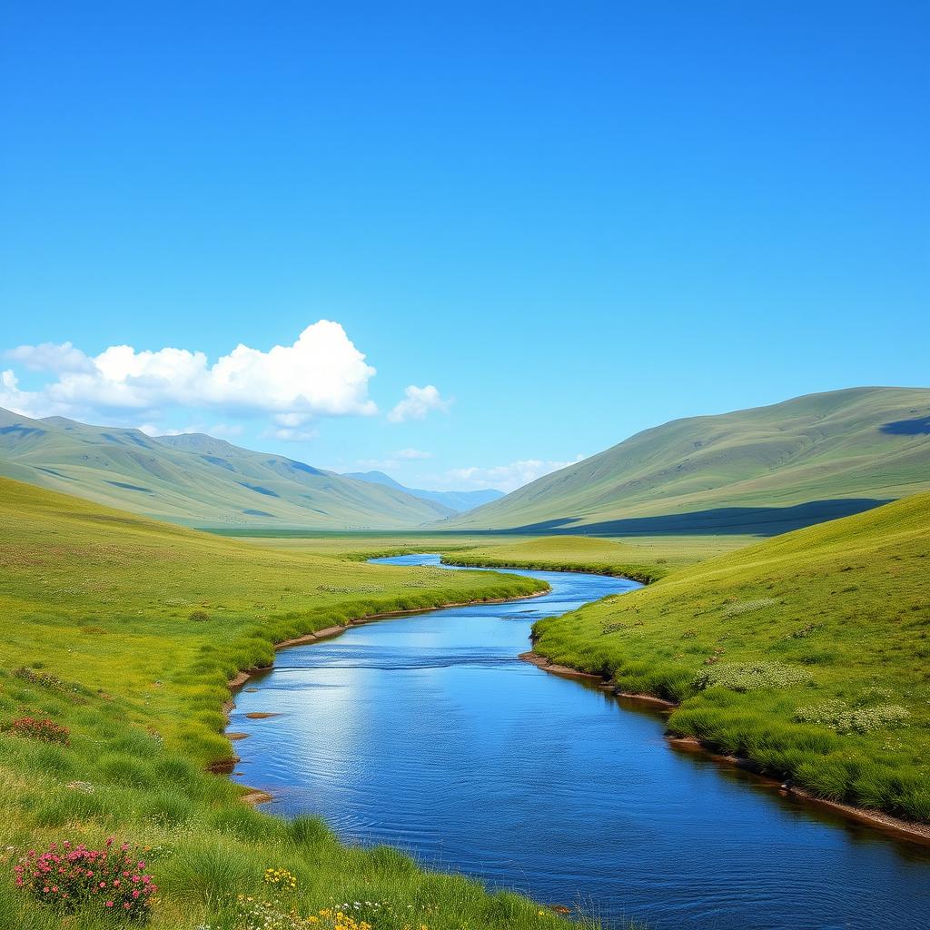 A beautiful landscape featuring rolling hills, a clear blue sky with a few fluffy clouds, and a serene river flowing through the middle