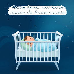 A tranquil and enchanting nighttime illustration showcasing a baby wrapped in a soft light blue blanket, sleeping peacefully in a pristine white crib