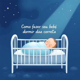 A tranquil and enchanting nighttime illustration showcasing a baby wrapped in a soft light blue blanket, sleeping peacefully in a pristine white crib