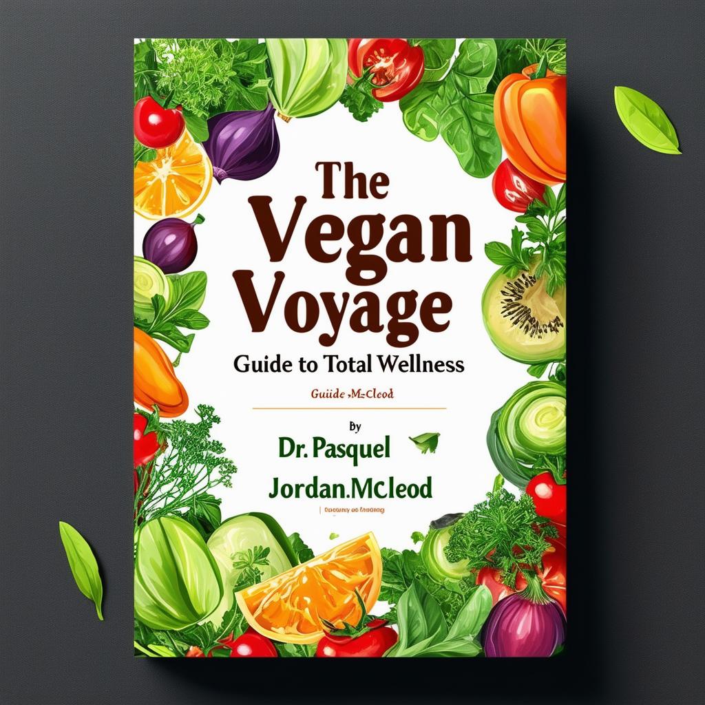 Create a vibrant and inviting printable cookbook cover titled 'The Vegan Voyage: Guide to Total Wellness' by Dr