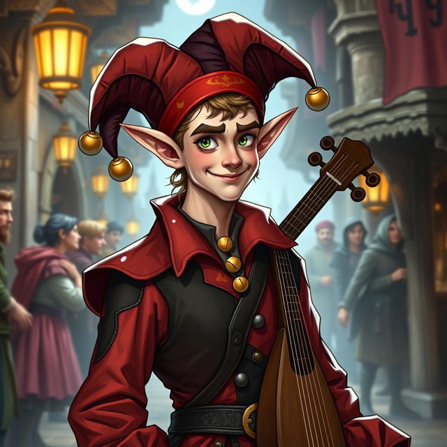 A full-body portrait of a male half-elf jester bard character for Dungeons & Dragons