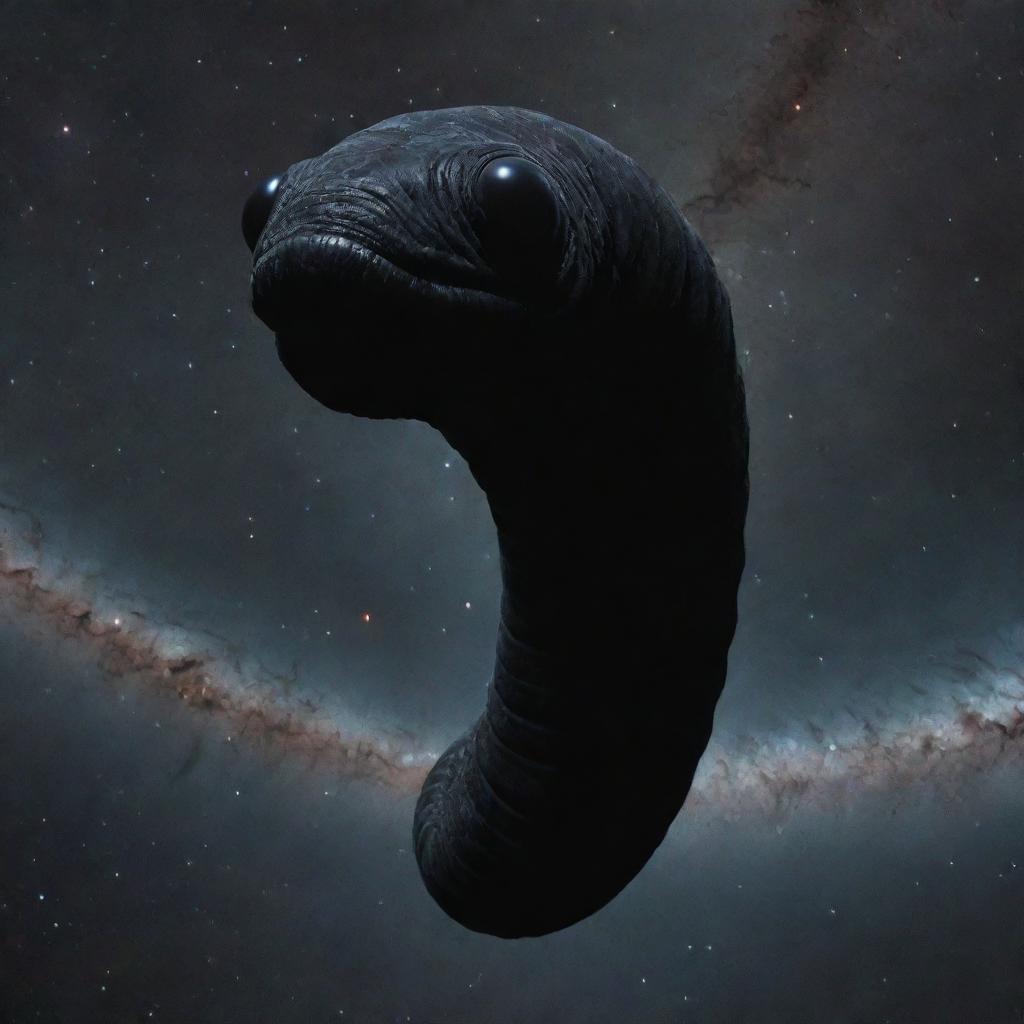 A colossal, dark worm with mournful eyes and unique faces adorning its sides, floating in the vast expanse of outer space