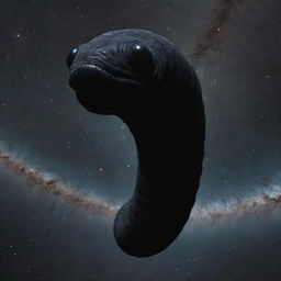 A colossal, dark worm with mournful eyes and unique faces adorning its sides, floating in the vast expanse of outer space