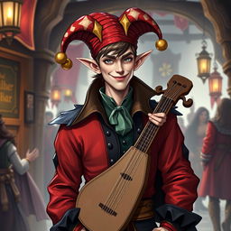 A full-body portrait of a male half-elf jester bard character for Dungeons & Dragons