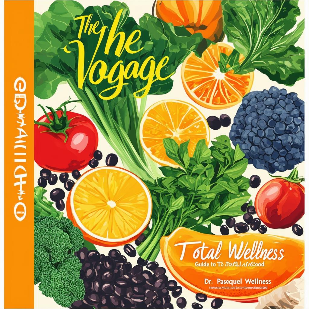 Create a vibrant and inviting printable cookbook cover titled 'The Vegan Voyage: Guide to Total Wellness' by Dr