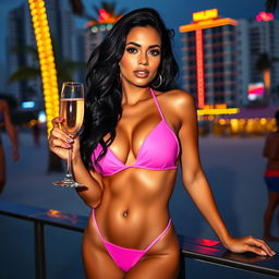 A Latina woman with black hair wearing a pink bikini, holding a glass of champagne, set against the vibrant backdrop of Miami