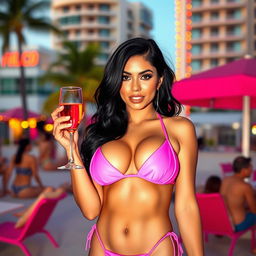 A Latina woman with black hair wearing a pink bikini, holding a glass of champagne, set against the vibrant backdrop of Miami