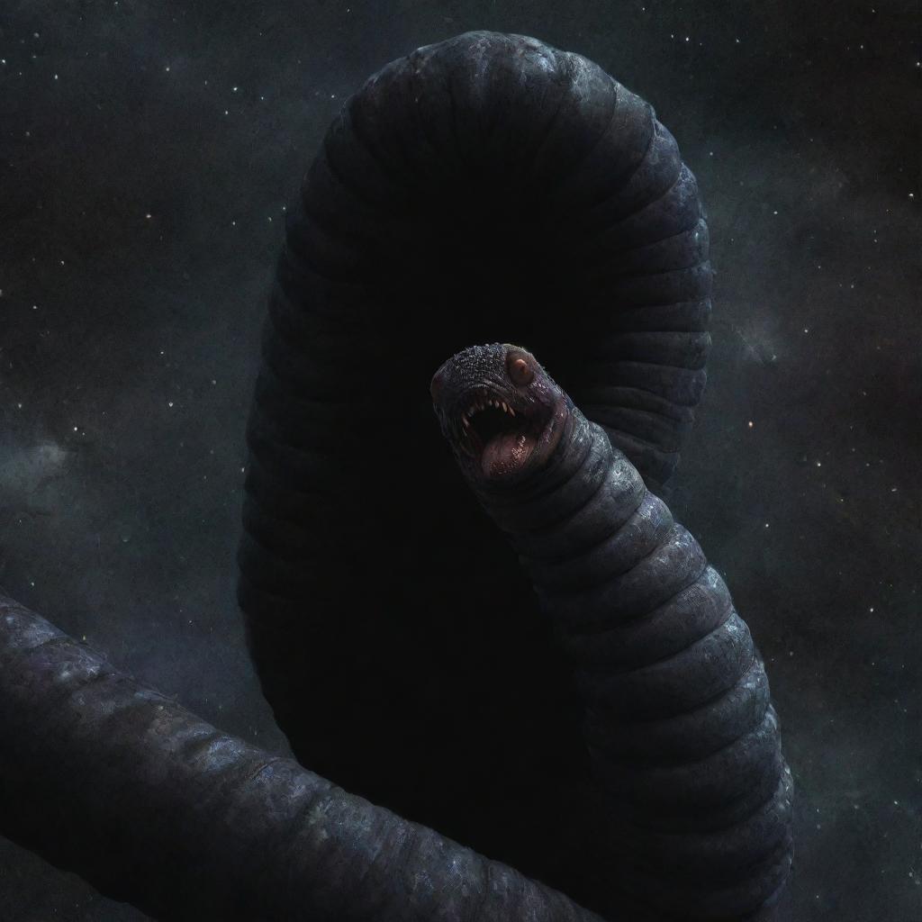 A colossal, dark worm with mournful eyes and unique faces adorning its sides, floating in the vast expanse of outer space