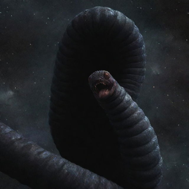 A colossal, dark worm with mournful eyes and unique faces adorning its sides, floating in the vast expanse of outer space