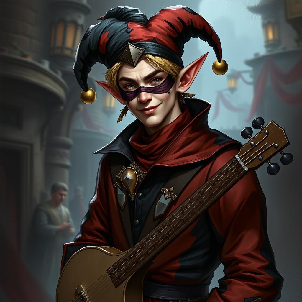 A male half-elf jester bard character for Dungeons & Dragons, depicted in a more realistic and dark fantasy style