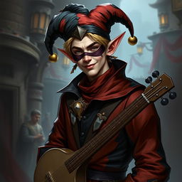 A male half-elf jester bard character for Dungeons & Dragons, depicted in a more realistic and dark fantasy style