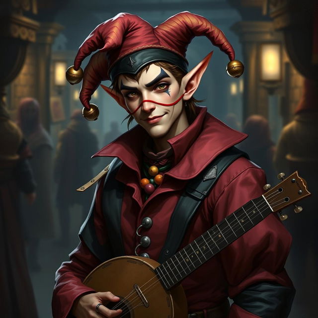 A male half-elf jester bard character for Dungeons & Dragons, depicted in a more realistic and dark fantasy style