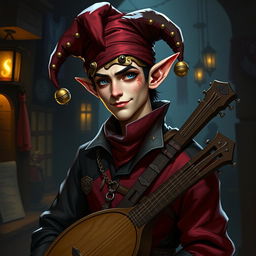 A male half-elf jester bard character for Dungeons & Dragons, depicted in a more realistic and dark fantasy style