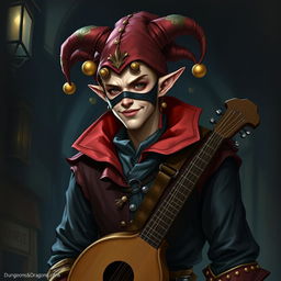 A male half-elf jester bard character for Dungeons & Dragons, depicted in a more realistic and dark fantasy style