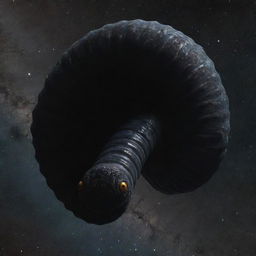 A colossal, dark worm with mournful eyes and unique faces adorning its sides, floating in the vast expanse of outer space