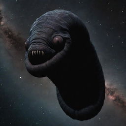 A colossal, dark worm with mournful eyes and unique faces adorning its sides, floating in the vast expanse of outer space