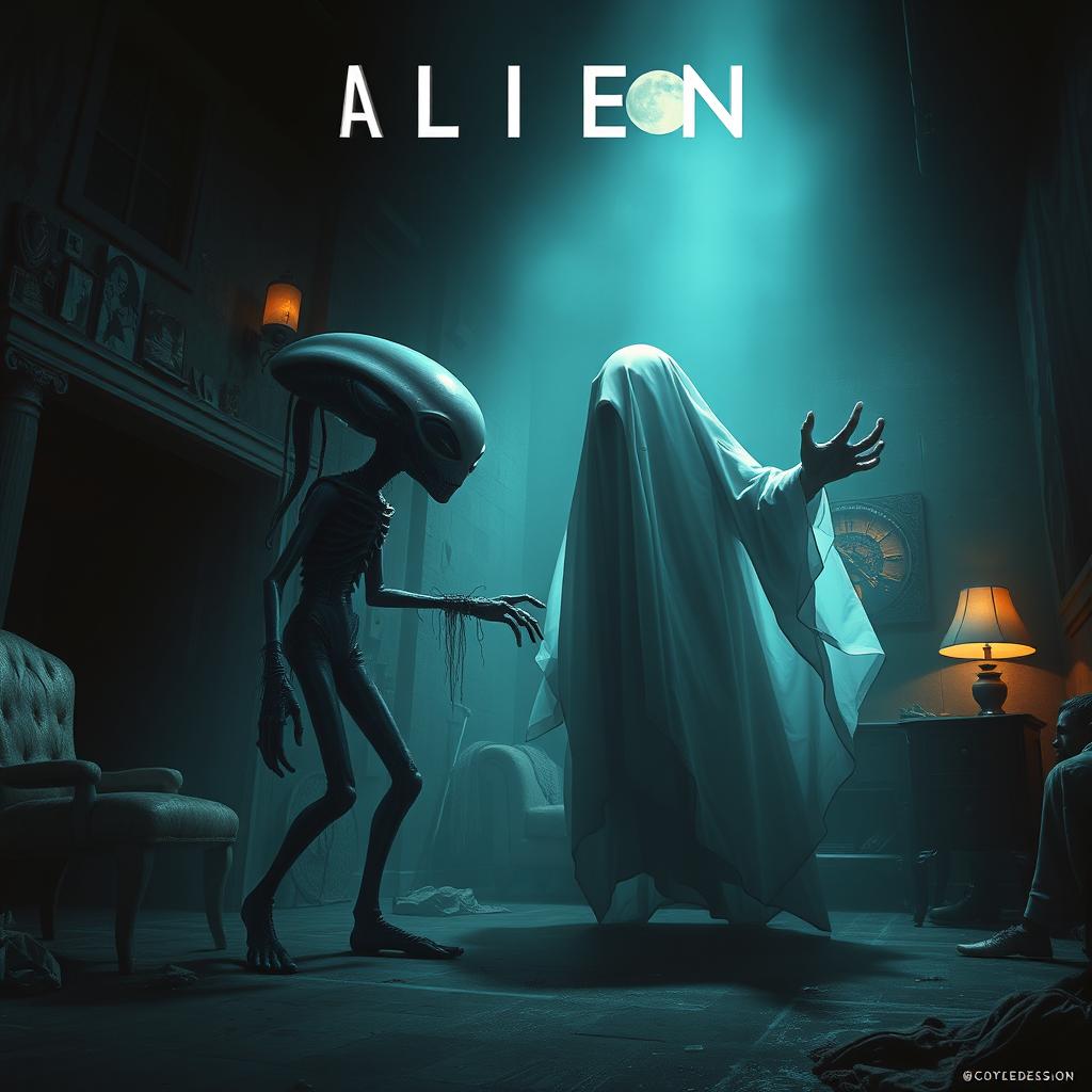 A surreal movie poster featuring a suspenseful scene with an alien and a ghost