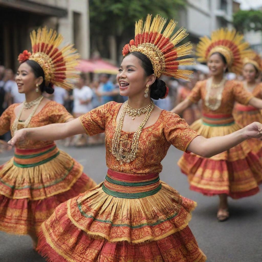 A rich tapestry of the Filipino culture, featuring a lively street fiesta, traditional dances, native costumes, and delicacies, capturing the diverse and vibrant heritage of the Philippines.