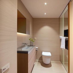 Elegantly decorated bedroom with warm lighting, a well-equipped modern kitchen, and a clean, sophisticated toilet with tiled flooring.