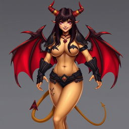 A mature demon-girl with yellow skin, long dark brown hair, and pink eyes