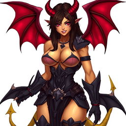 A mature demon-girl with yellow skin, long dark brown hair, and pink eyes