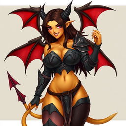 A mature demon-girl with yellow skin, long dark brown hair, and pink eyes