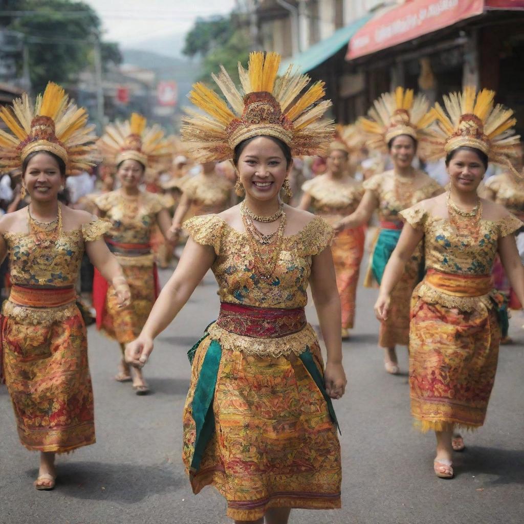 A rich tapestry of the Filipino culture, featuring a lively street fiesta, traditional dances, native costumes, and delicacies, capturing the diverse and vibrant heritage of the Philippines.