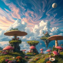 A surreal place with floating islands, giant mushrooms, and a sky filled with colorful, swirling clouds