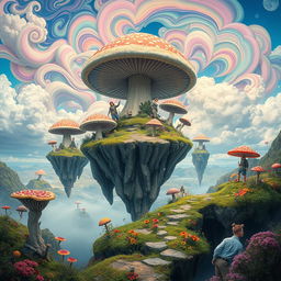 A surreal place with floating islands, giant mushrooms, and a sky filled with colorful, swirling clouds