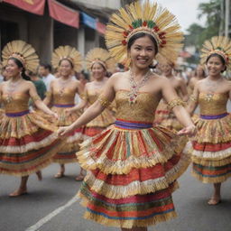 A rich tapestry of the Filipino culture, featuring a lively street fiesta, traditional dances, native costumes, and delicacies, capturing the diverse and vibrant heritage of the Philippines.