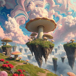 A surreal place with floating islands, giant mushrooms, and a sky filled with colorful, swirling clouds