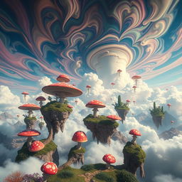 A surreal place with floating islands, giant mushrooms, and a sky filled with colorful, swirling clouds