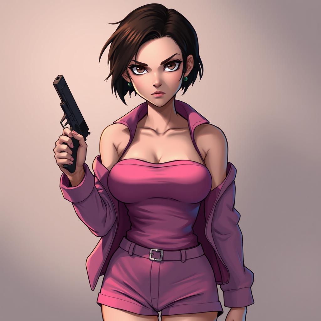 A girl with short dark brown hair and a serious face, holding a pistol in her right hand