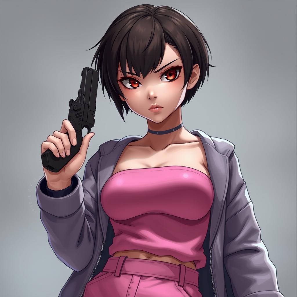 A girl with short dark brown hair and a serious face, holding a pistol in her right hand