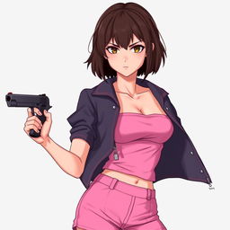 A girl with short dark brown hair and a serious face, holding a pistol in her right hand