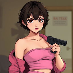 A girl with short dark brown hair and a serious face, holding a pistol in her right hand