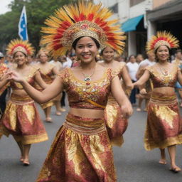 A rich tapestry of the Filipino culture, featuring a lively street fiesta, traditional dances, native costumes, and delicacies, capturing the diverse and vibrant heritage of the Philippines.