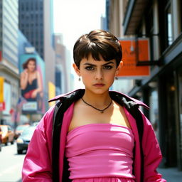 A girl with short dark brown hair and a serious face, dressed in pink clothes including a strapless top, jacket, and short shorts