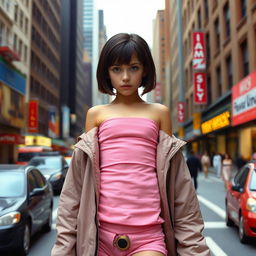 A girl with short dark brown hair and a serious face, dressed in pink clothes including a strapless top, jacket, and short shorts