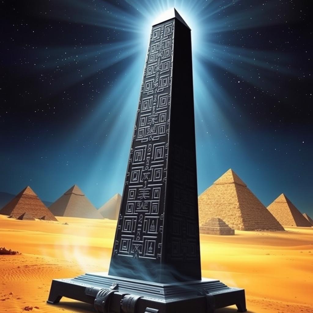 A book cover featuring a mysterious Egyptian black obelisk