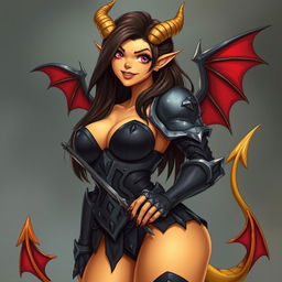 A mature demon-girl with yellow skin, long dark brown hair, and pink eyes