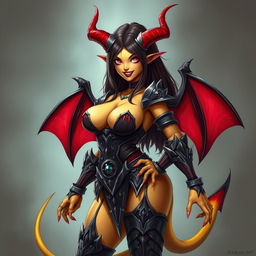 A mature demon-girl with yellow skin, long dark brown hair, and pink eyes