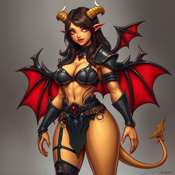 A mature demon-girl with yellow skin, long dark brown hair, and pink eyes