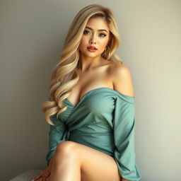 Create an image of an Asian woman with blonde hair, featuring voluptuous and curvy legs