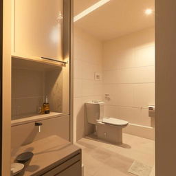 Elegantly decorated bedroom with warm lighting, a well-equipped modern kitchen, and a clean, sophisticated toilet with tiled flooring.