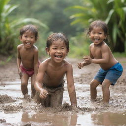 A lively scene of Filipino children merrily playing in the mud under the bright tropical sun, wearing big smiles that show the pure joy and simplicity of their childhood.