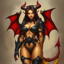 A mature demon-girl with yellow skin, long dark brown hair, and pink eyes