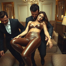 Cheryl Cole in brown leather leggings, asleep and limp, being carried by men in a luxurious hotel room