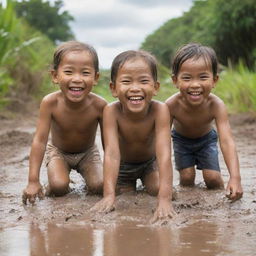 A lively scene of Filipino children merrily playing in the mud under the bright tropical sun, wearing big smiles that show the pure joy and simplicity of their childhood.